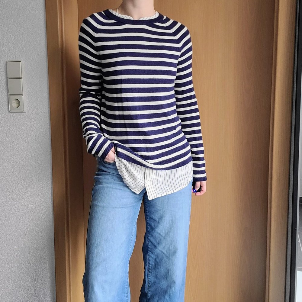 Joie Zaan Blue / White Striped Wool Cashmere Blend Silk Mock Layer Sweater Top